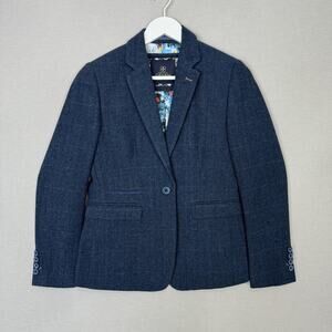 House of Cavani Blazer Womens 10 Blue Wool Tailored Slim Fit Retro Floral Lining